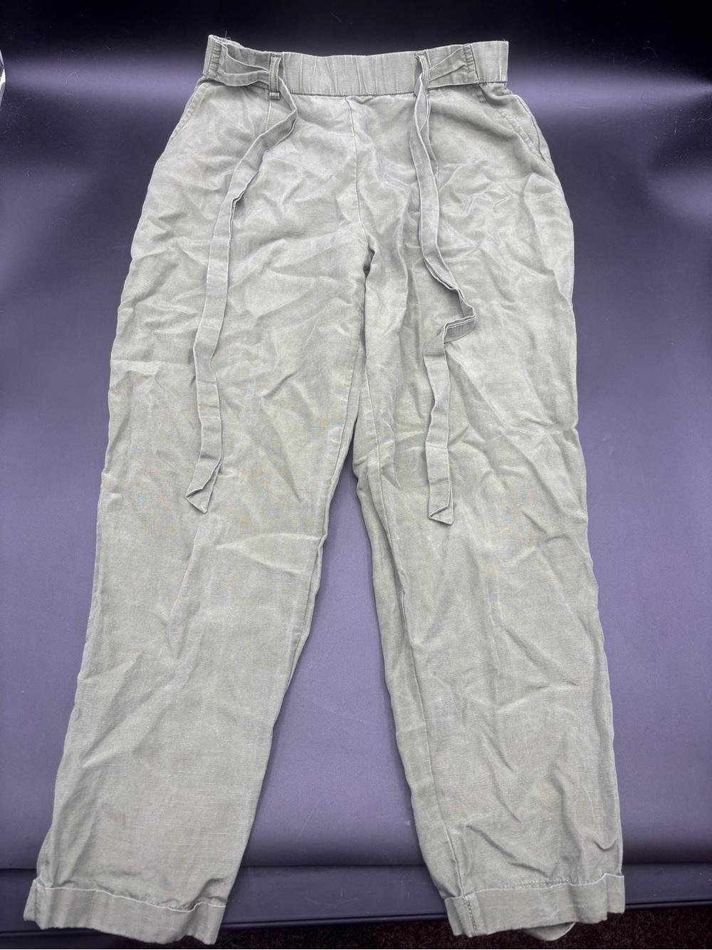 Pull&Bear Olive Green High Waisted Linen Blend Tie Waist Pants - Size S